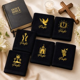 6 Pcs Pastor Black Hand Towels Christian Church Clergy Cotton Embroidered Towels 13.4 Inch Men Women Pastor Appreciation Gifts for Easter Father's Day Birthday Gifts Bathroom Kitchen