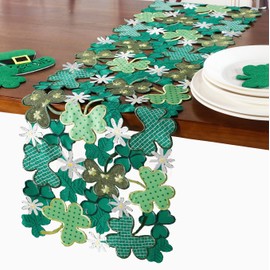 GRANDDECO St. Patrick's Day Table Runner,Applique Embroidered Cutwork Clover Dresser Scarf for Home Kitchen Dining Spring Irish Festival Tabletop Decoration (Clover, Runner 13X83(33X210cm)