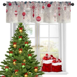 Eflxamz Christmas Valances for Windows,Christmas Tree Red Balls Semi Sheer Valances Windows Curtain, Rod Pocket Short Window Treatment Light Filtering Decor Valances for Kitchen Bedroom - 54"x18"