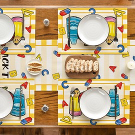 Artoid Mode Stripes Pencils Glue Back to School Placemats Set of 4, 12x18 Inch Teacher Appreciation Week Table Mats for Party Classroom Dining Decoration