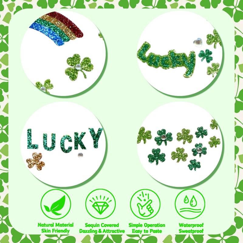 4 Pcs St. Patrick's Day Face Tattoos Stickers Green Shamrock
