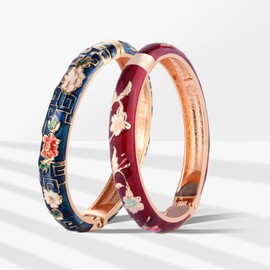 UJOY Cloisonne Bracelet Gold Hinge Indian Cuff Bangle Enameled Jewelry Flower Bracelets for Women Gift Box 55A81-55A114 WineRed Blue