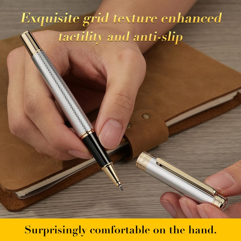 MCNTEIK Silver Chrome Rollerball Pen, Stunning Luxury Pen with Mesh