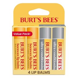Burt's Bees Stocking Stuffers, bálsamo labial cera de abejas y bálsamo labial ultra acondicionador, hidratante labial hidratante con kokum y manteca de karité, cuidado labial de origen natural, 0.15 onzas, cuatro tubos