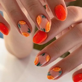 Short Nails Press on, Short Fake Nails, Glue On Nails Short,Press on Nails Short Squoval Acrylic False Nails with Orange Sweet Pomelo Press ons Designs Artificial Nails Stick on Nails for Women 24Pcs