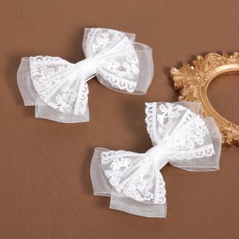 White Mesh Lace Hair Bow Clips Girls 4" Lace Fabric Bowknot Barrettes Alligator Hairpins for Flower Girl Kids Teens Toddler Bride Wedding Communion Pageant Party Dress Accessories Gift