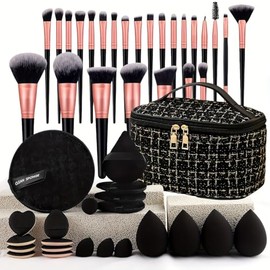 Set de Brochas de Maquillaje Profesional 47 Piezas, 25 Brochas de Maquillaje Profesional y 21 Esponja de maquillaje, con Estuche de Tela Elegante Negro y Dorado