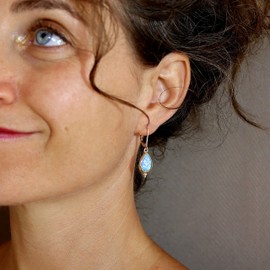 Opal earrings, Gold drop blue opal dangle earrings for women, Unique gold earring, Teardrop Opal dangle earrings, Birthstone earrings