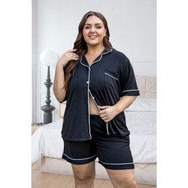 Vozanet Women's Plus Size Button Down Pajamas Soft Lounge Sets Shorts with Pockets Bride Nighty Solid Soft Pjs 1x to 5x, Black, 4X-Large
