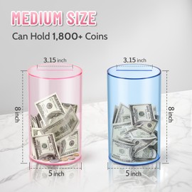 hizgo Clear Pink Piggy Bank for Adults and Kids, Unopenable Acrylic Savings Jar, Must Break to Open, Medium Size (8" H x 5" Diameter)