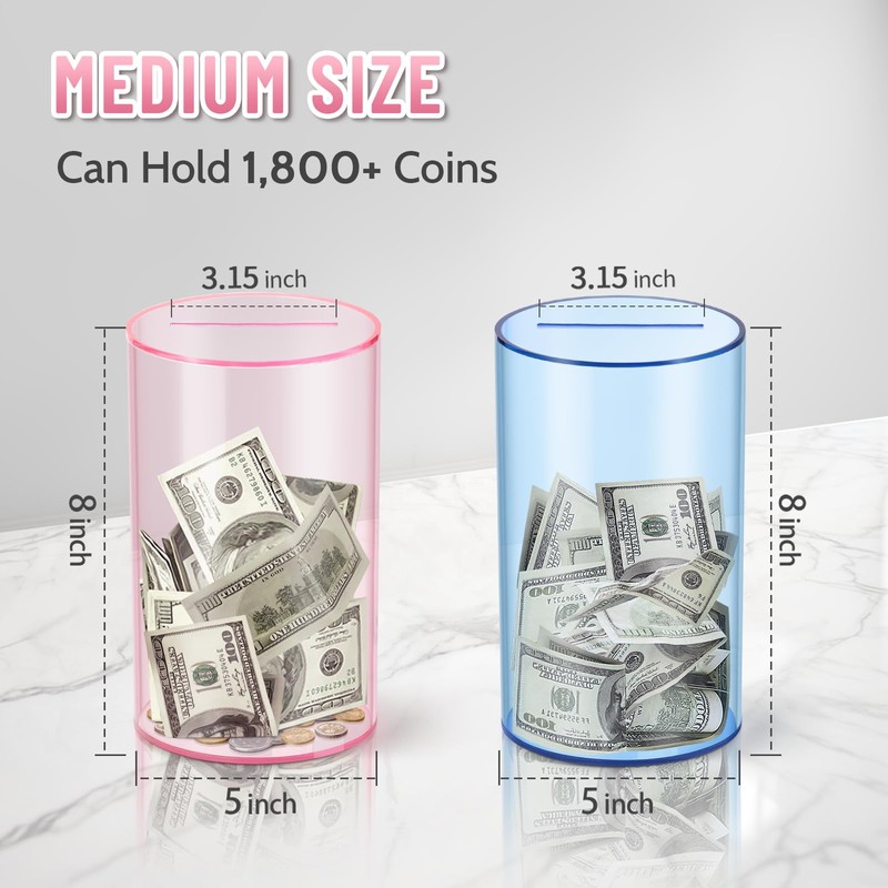hizgo Clear Pink Piggy Bank for Adults and Kids, Unopenable