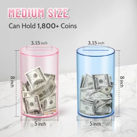 hizgo Clear Pink Piggy Bank for Adults and Kids, Unopenable Acrylic Savings Jar, Must Break to Open, Medium Size (8" H x 5" Diameter)