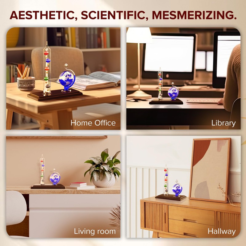 JJ Care Galileo Thermometer with Glass Globe Barometer Frosted, Galileo