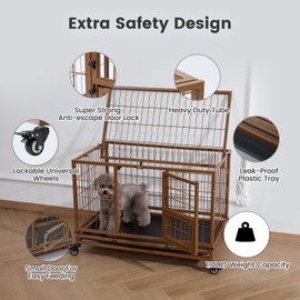 Gardner Pet 32 Inch Heavy Duty Dog Crate with Wheels, Folding Metal Dog Cage for Puppy/Small and Medium Dogs, Indestructible Dog Crate with Removable Tray (Brown)