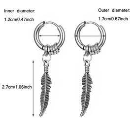Kawailay 2 Pairs Feather Huggie Hoop Earrings Gothic Feather Earrings Studs Punk Rock Hip Hop Dangle Drop Earrings for Men Women - Silver and Black Style 2