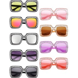 9 Pairs Rhinestone Oversized Square Sunglasses for Women Sparkling Bling Crystal Sunglasses AC Frame Glasses for Women(Vibrant Color)