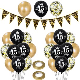 Balloons 15th Birthday Boy Girl Decoration, 23 Pieces Black Gold Latex Balloons, Garland 15th Birthday Party Decorations Balloons for Girls Boys Birthday Decoration 15 Years Bunting