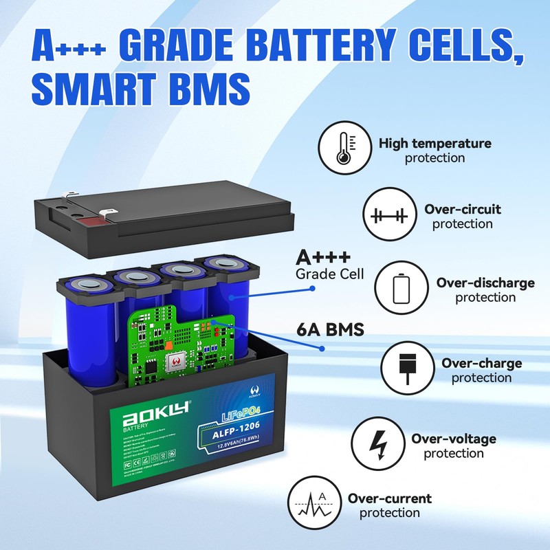 Aokly 6Ah 12V LiFePO4 Battery 2000+ Cycle Life with 6A