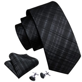 Barry.Wang Plaid Ties Check Mens Necktie Set with Handkerchief Cufflinks Classic Stripe Black and Grey