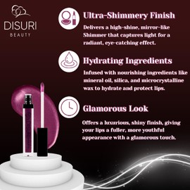 DISURI Beauty Shimmer Lip Gloss - Non-Sticky Girls Lip Gloss - Long Lasting Lip Gloss for High Shine - 0.7 FL Oz Lip Gloss for Girls & Women - Cruelty Free Lip Gloss - (Berry Kiss: S53)