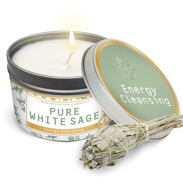 Manifestation Candle Long Lasting Pure White Sage Scented Candle | 6 Oz - 35 Hour Burn | All Natural & Organic Soy Wax Smudge Candle for House Energy Cleansing, Positive Vibes & Manifestation