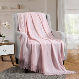 Vonty Pink Knitted Blanket with Tassels Fringe 60" x 80", Super Soft Knit Throw Blanket, Farmhouse Decorative Lightweight Blanket for Couch, Sofa, Bed
