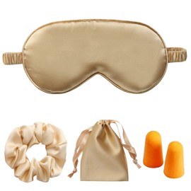LCBD Silk Satin Sleeping Eye Mask, Gold Sleep Eye Night Blindfold for Women and Men, Eyeshade Cover With Satin Hair Scrunchies and Ear Plugs, Wedding Bridesmaid Gift