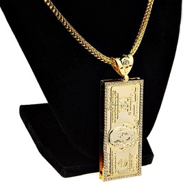 100 Hundred Dollar Bill Bling Pendant Yellow Gold Plated Chain 24" Inch x 4MM Hip Hop Franco Necklace