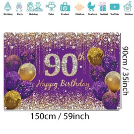 90th Birthday Decorations for Women, Purple Glitter Spots Fabric Sign Poster Birthday Party Decoration, 90th Birthday Background Banner Woman, 90th Birthday Party Decoration