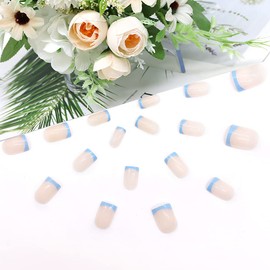 KXAMELIE Kurz Drücken auf Nägeln mit Designs, Kurz Französisch Blau gefälschte Nägel,quadratischer Stock auf Nägeln für Frauen,dicke Sargnägel,Acrylnägel Drücken Sie auf für Nagel Kunst in 24PCS