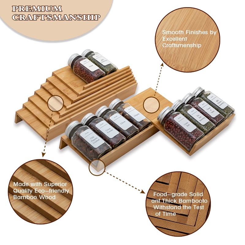 Angimio Bamboo Spice Rack Drawer Organizer - 8 Pieces Set-