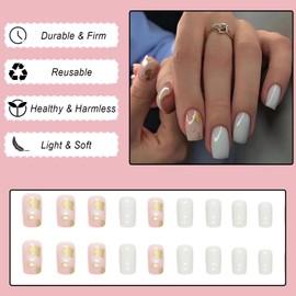 Ceboic 24Pcs Square False Nails Short, French Press on Nails with Glue Stickers, Gold Glitter Removable Glue on Nails Nude Acrylic Full Cover Stick on Nails for Women and Girls Nails Art