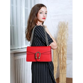 FEIMINA Genuine Leather Crossbody Bags for Women, Medium Red Shoulder Bag, Red Leather Purses for Women, Evening Handbags with Chain Strap