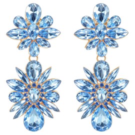 Shimmeroo Light Blue Statement Earrings for Women, Dangle Earrings Rhinestone Flower Crystal Drop Earring Dangling Earring for Wedding Brides Jewelry Gifts - Length 3.15 inches