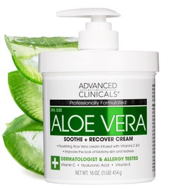 16oz Advanced Clinicals Aloe Vera Cream. Aloe Vera with Vitamin C, Hyaluronic Acid and Vitamin E cream for dry, rough skin, and redness. Large spa size 16oz cream with pump.