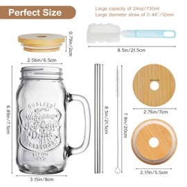 EABOSON 4 Pack 24oz Mason Drinking Jars with Lids and Straws, Iced Coffee Cup with Handle and 3 Brushes, Glass Mugs Ideal for Cold Beverages, Juice, Smoothie, Cocktails