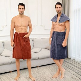 Men's Sauna Skirt Homewear Robe & Shower Gown Bath Towel Brown 2ea