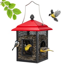 Veehoo Metal Bird Feeder for Outdoors Hanging, Fly Through Wild Birdfeeder Outside, Finch Cardinal Chickadee Feeders for Peanut Sunflower Seed, Red