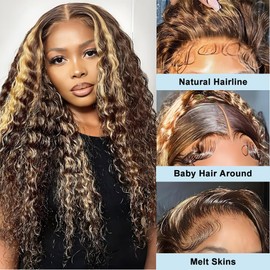 4/27 Highlight Deep Wave Lace Front Wigs Human Hair 13x4 Middle Brown Lace Frontal Wig with Baby Hair 180% Density Curly Wig for Black Women Ombre Wet and Wavy Wig 24 Inch