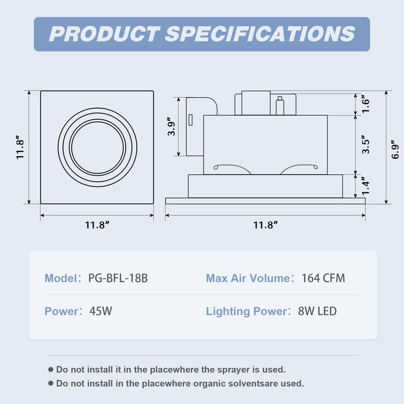 POWERENG Bathroom Exhaust Ventilation with Light,164 CFM 0.7Sones Quiet Ceiling