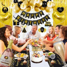 SKRCUI black and gold party decorations, men's birthday decorations, including black and gold balloons happy birthday banner tassel curtains 67 pieces, black and gold birthday decorations