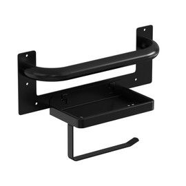 Toilet Paper Holder with Assist Bar - Matte Black Bathroom Safety Handle Wall Mount with Toilet Roll Holder and Shelf 300lbs Weight Support Grab Bar for Bathtubs and Showers