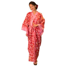 Kimura Jitsugyo Kyoto - Bata tradicional Kawaii Yukata para mujer (kimono casual japonés) conjunto 2, Flores de cerezo, L