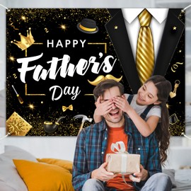 Black Happy Fathers Day Banner Decorations 5.9×3.6Ft Black Suit Tie Fathers Day Backdrops for Photography Best Dad Ever Party Decorations Banner Indoor Outdoor 71×43Inch （Polyester）