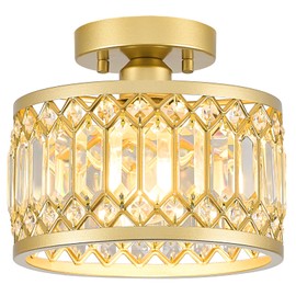 YURNYQ Crystal Ceiling Light Fixture, Modern Semi Flush Mount Ceiling Light, Gold Lighting Fixtures Ceiling Lamp for Hallway, Kitchen, Entryway, Bedroom, Laundry Room, 9.05 Inch