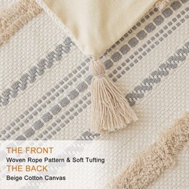 BUIOVBEY Boho Throw Pillow Covers 18x18 Set of 2 Woven Tufted Farmhouse Pillows Cover with Tassels Textured Striped Cushion Case Neutral Pillow Cases Decorative Pillowcase for Sofa, Couch, Bed, Khaki