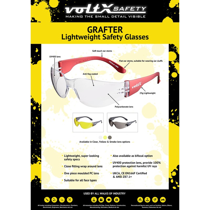 3 x voltX ‘GRAFTER’ Lightweight Industrial Safety Glasses, UKCA &