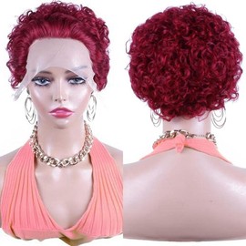 Encharm Human Hair Wig Short 13x1 Lace Front Burgundy Curly Wave 6 Inch Lightweight Pixie Cut 150% Density Wavy Natural Bouncy Curls - Color: 99J#