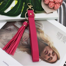 PAMIR TONG Leather Wristlet Strap for Key, Hand Wrist Lanyard Key Chain Holder with Tassel for Wallet Purse Clutch Cellphone, Rose, MIDDLE