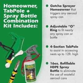 Gotcha Sprayer Homeowner USA-Made Combination Kit - Includes a 12ft. Spray Can Extension Pole & Reusable, Multi-Use Spray Bottle - Pest Control & Cleaning Kit to Easily Spray Hard-to-Reach Areas